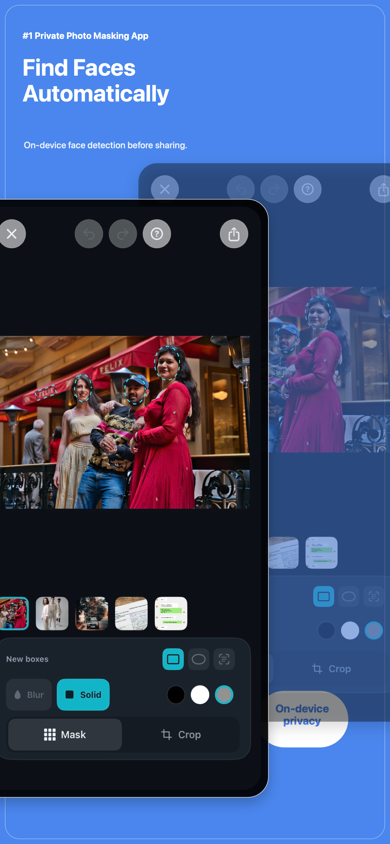 TapMask automatically finds faces in a photo.