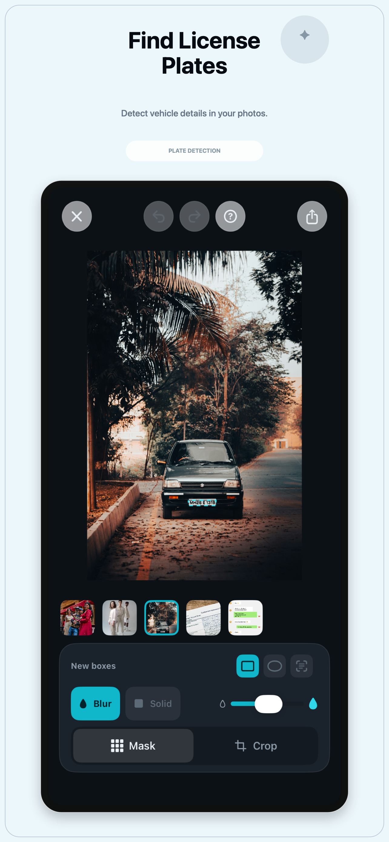 TapMask finds a license plate in a photo.