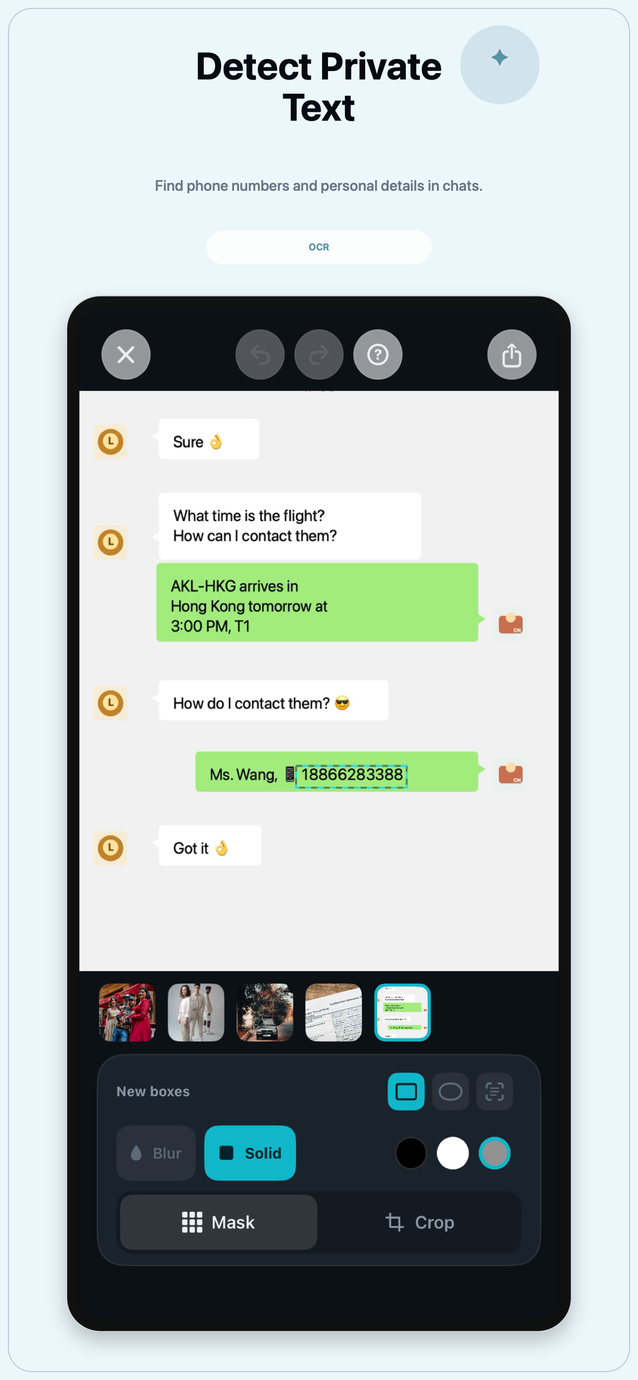 TapMask detects private text in a chat screenshot.