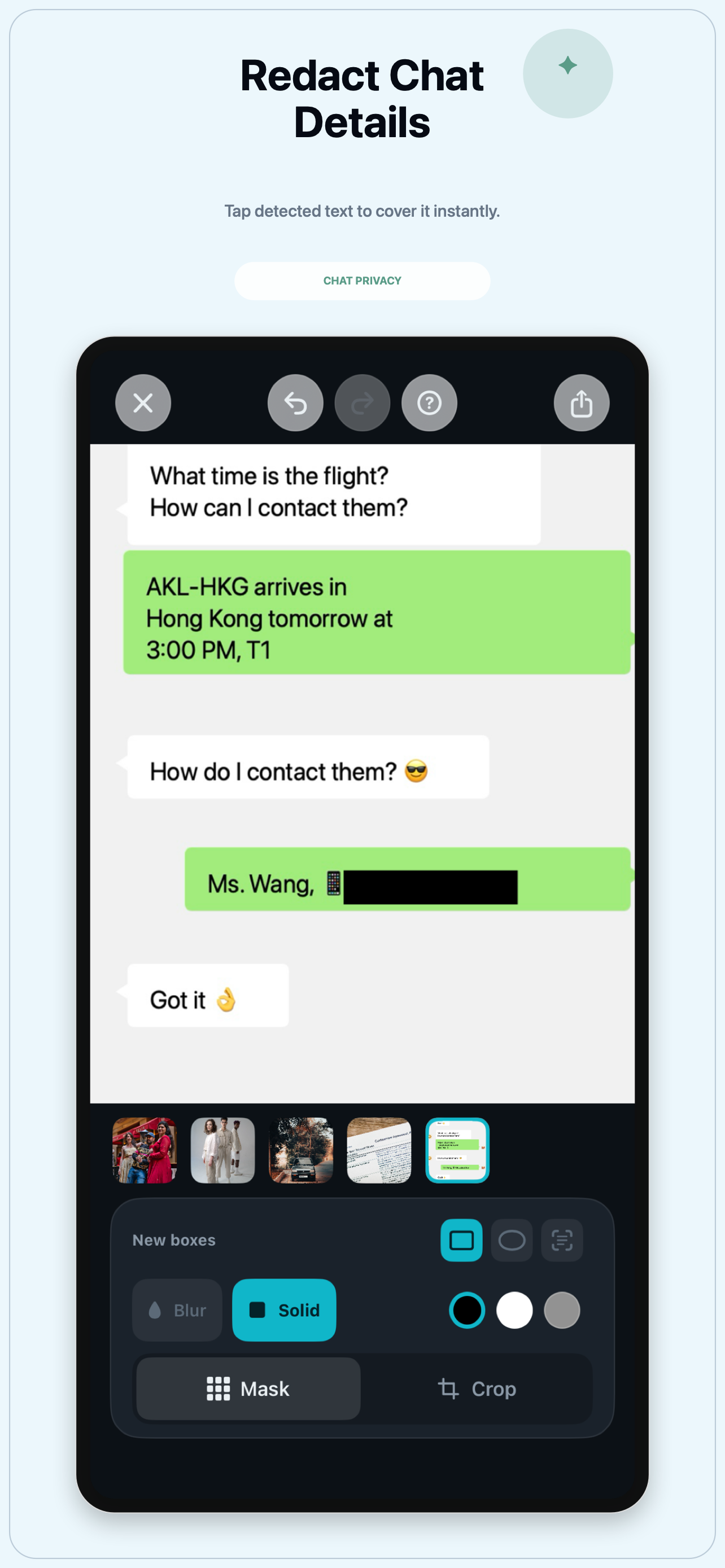 TapMask redacts private chat details.